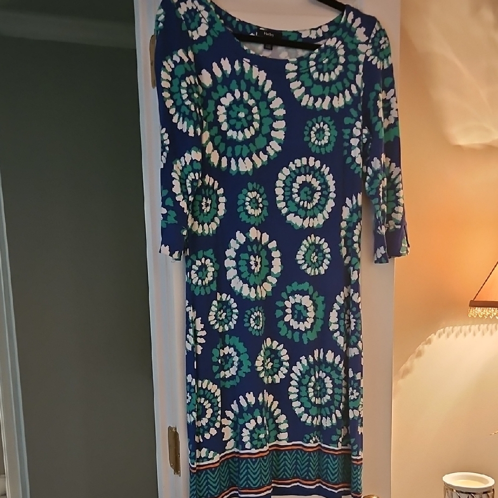 Hatley Blue and Green Sheath Dress 3/4 Sleeve Crew Neck